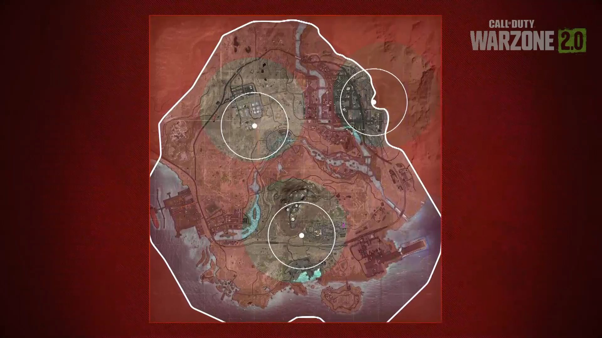 The Warzone 2 map showing three circles
