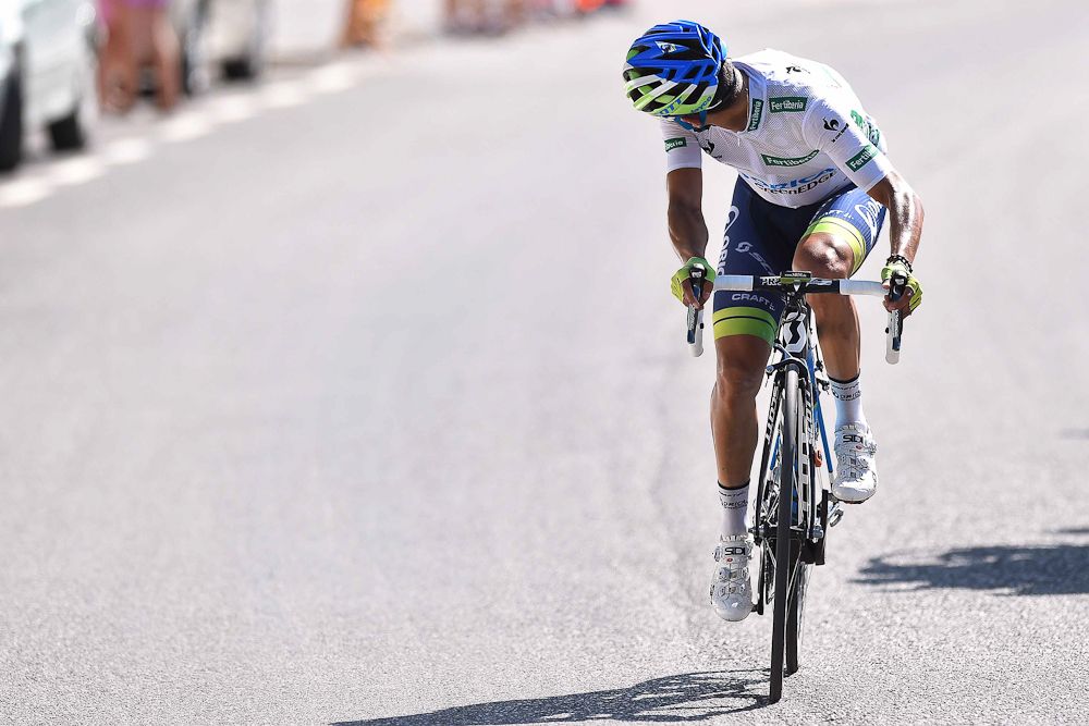 Estaban Chaves checks back on the way to the stage 6 finish.
