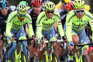 Alberto Contador in the middle of two Tinkoff teammates