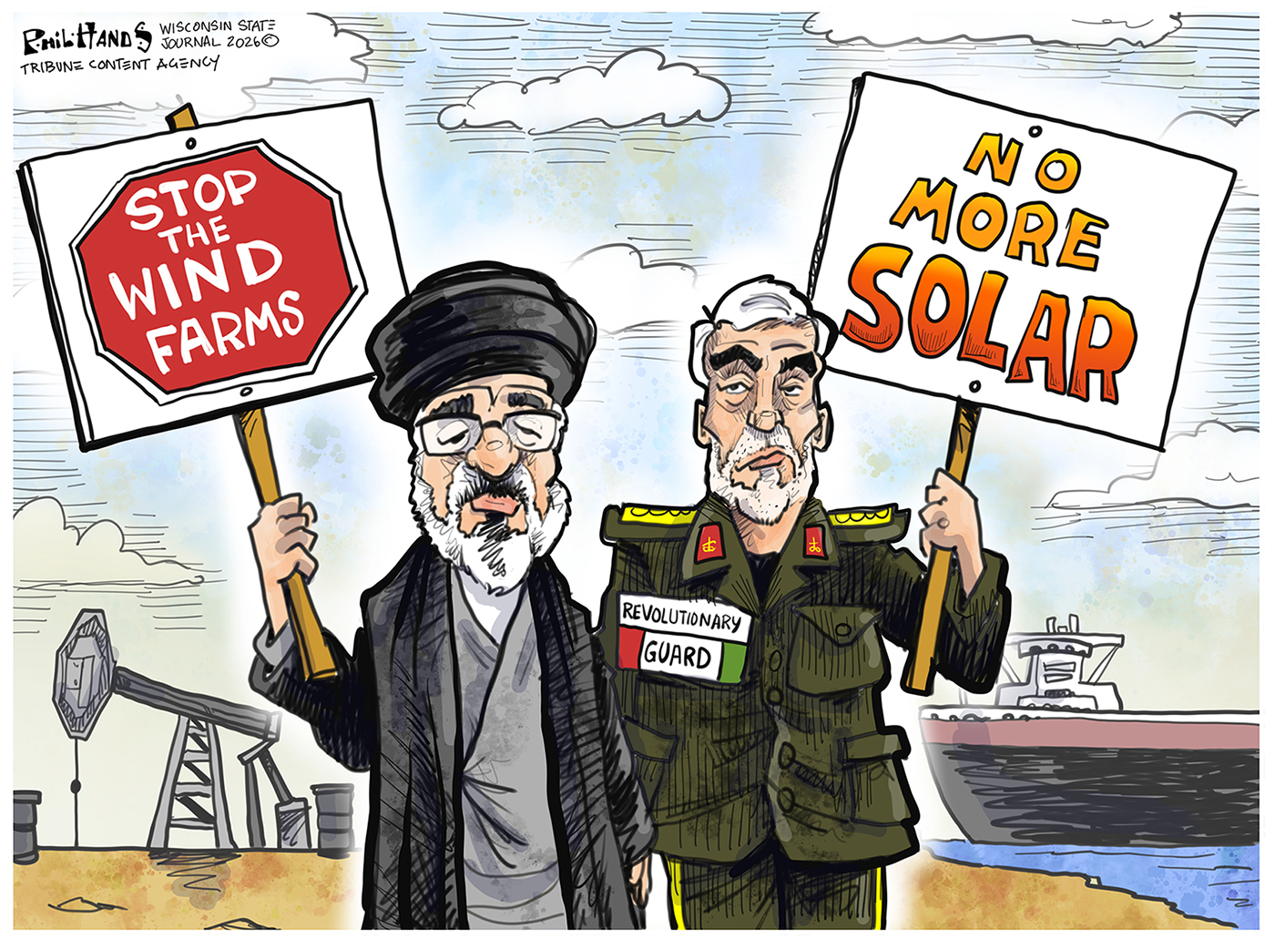 An Iranian ayatollah and a member of the Iran Revolutionary guard stand on an oil field holding protest signs. The ayatollah&amp;rsquo;s says, &amp;ldquo;Stop the Wind Farms.&amp;rdquo; The military man&amp;rsquo;s says, &amp;ldquo;No More Solar&amp;rdquo;.