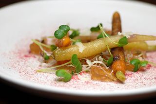 Young carrots roasted in hay with sprouts, radish powder and shaved pecorino
