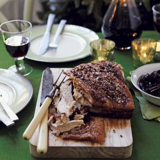 Crispy Pork Belly with Dried Cranberry and Cherry Chutney