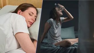 The composite image shows a dark haired woman sleeping peacefully in bed on the left, while the right hand image shows a dark haired woman sitting up in bed while resting a cold bottle of water against her forehead