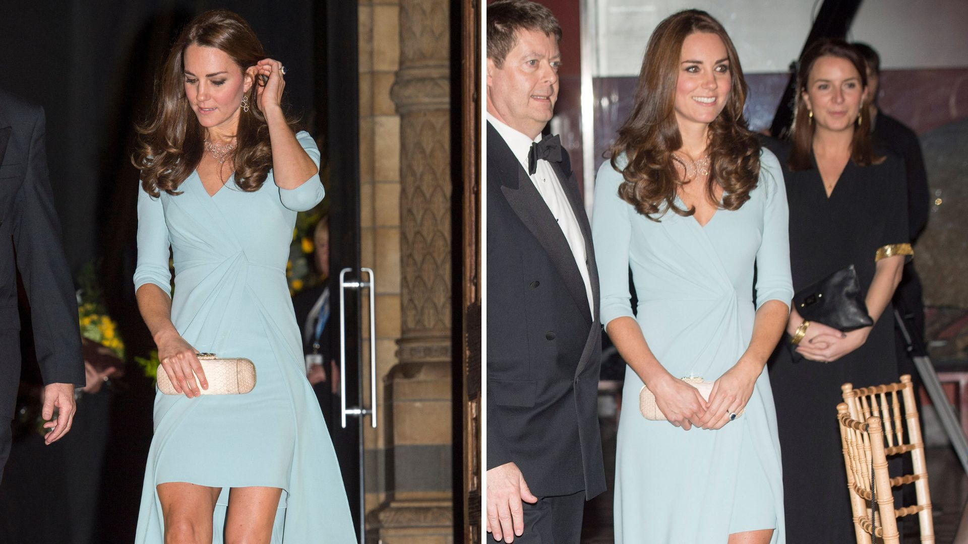 Composite of two images of Kate Middleton wearing an icy blue dress to the Wildlife Photographer of The Year 2014 Awards