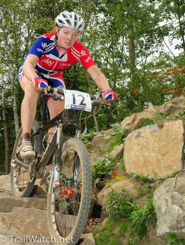 Lily Matthews (Great Britain) descending a rock staircase.