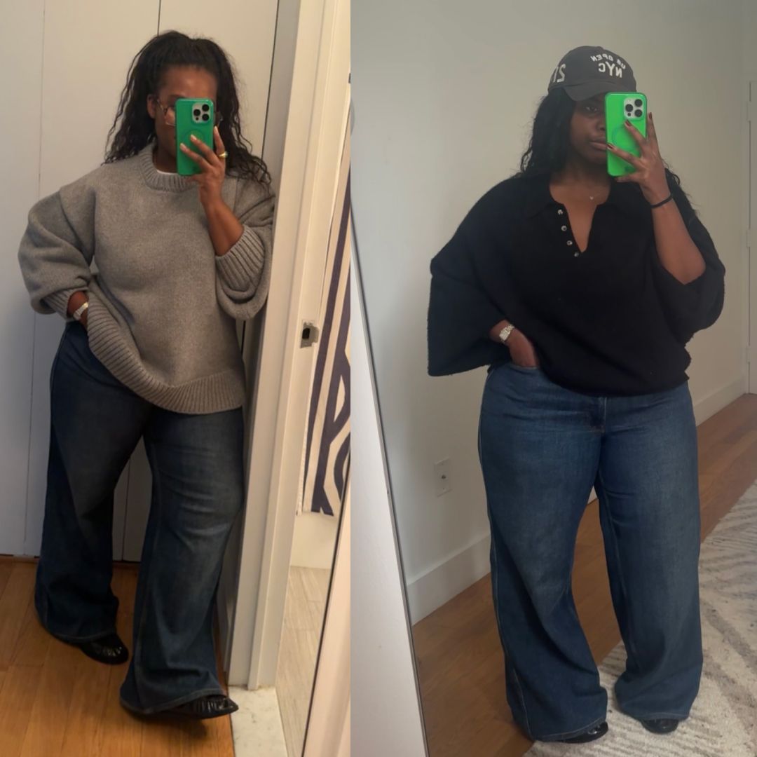 Tariro Makoni wearing two sweater styles in her apartment