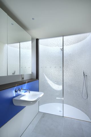 blue shower room with curved shower