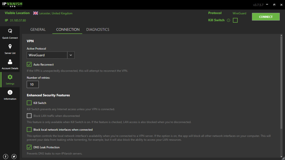 IPVanish Windows App Settings