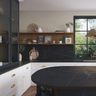 white kitchen with dark countertops