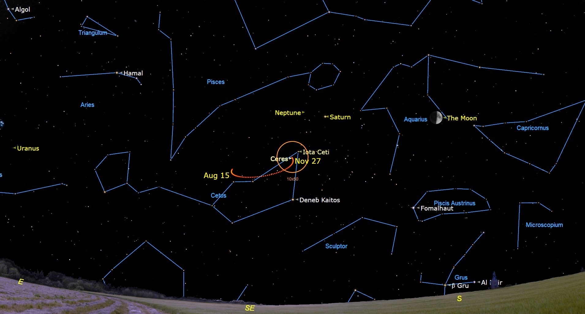 A star map of the night sky with constellations like Ares are labeled. In the center of the image is an orange circle surrounding the dot labeled Ceres with an orange line showing its direction change.