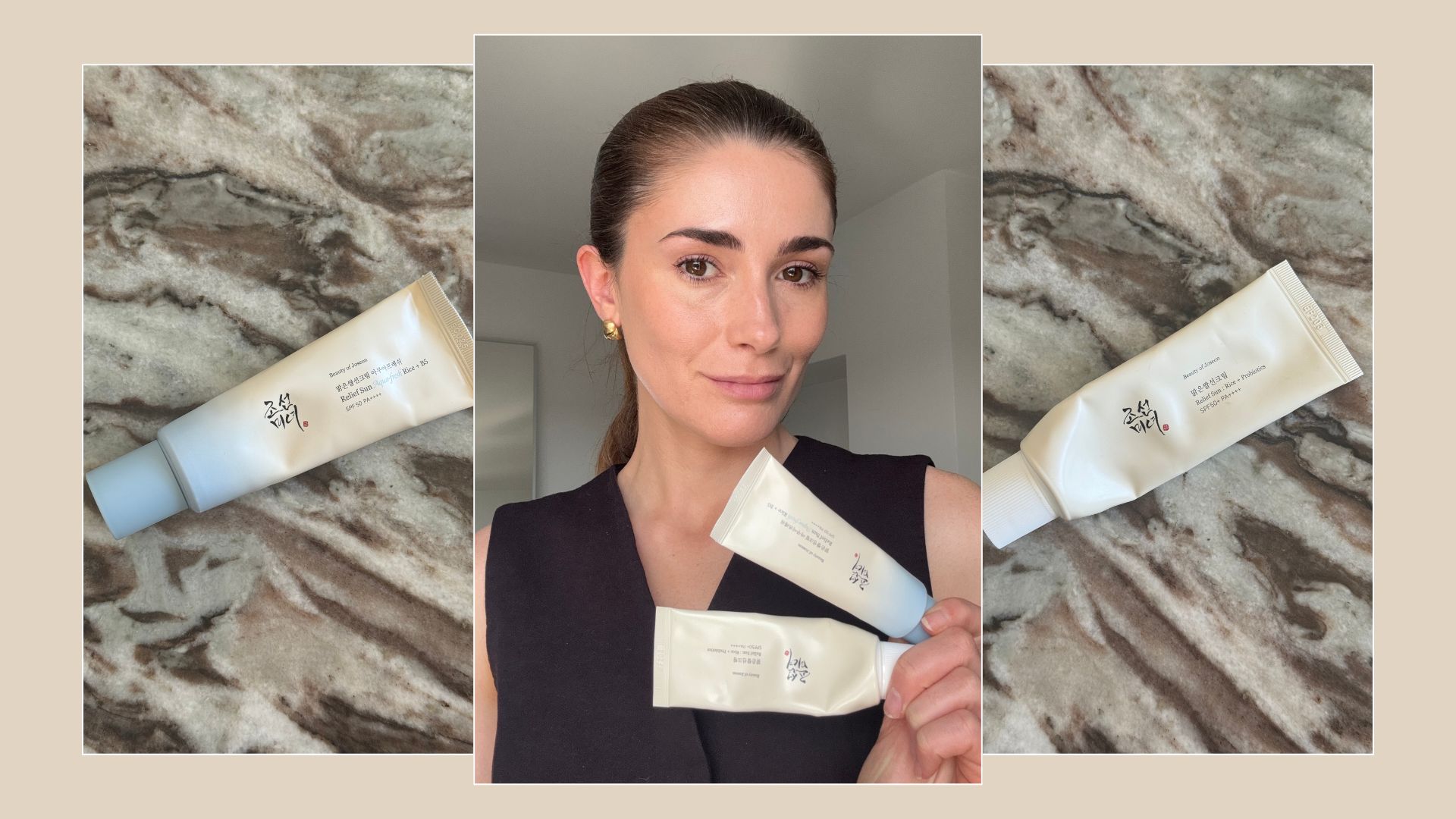 A collage of the Beauty of Joseon SPFs and a photo of Eleanor holding two tubes of the SPF formulas