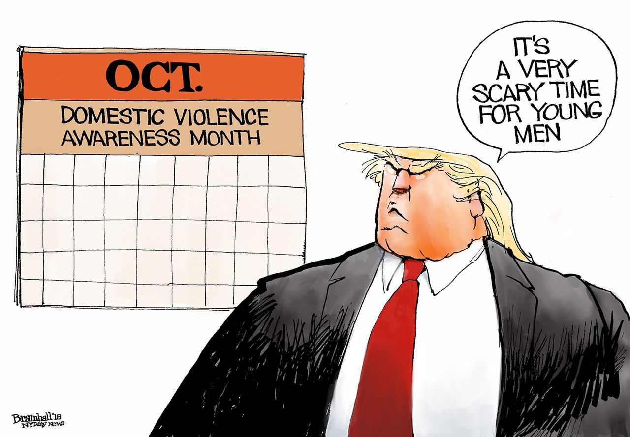 Political cartoon U.S. October domestic violence awareness Trump scary time for young men