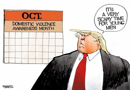 Political cartoon U.S. October domestic violence awareness Trump scary time for young men