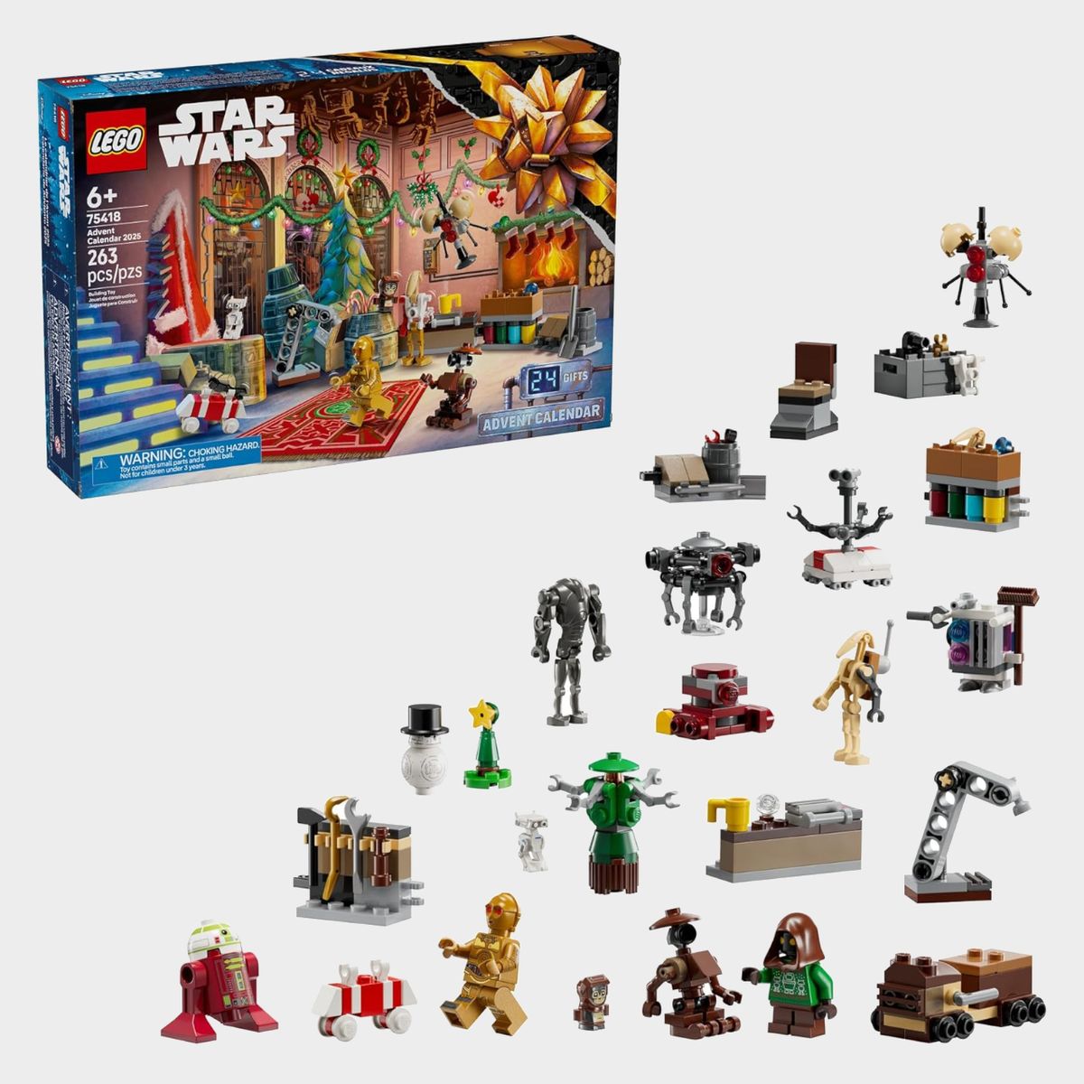 Lego Star Wars Advent Calendar box and droid figures on a plain background