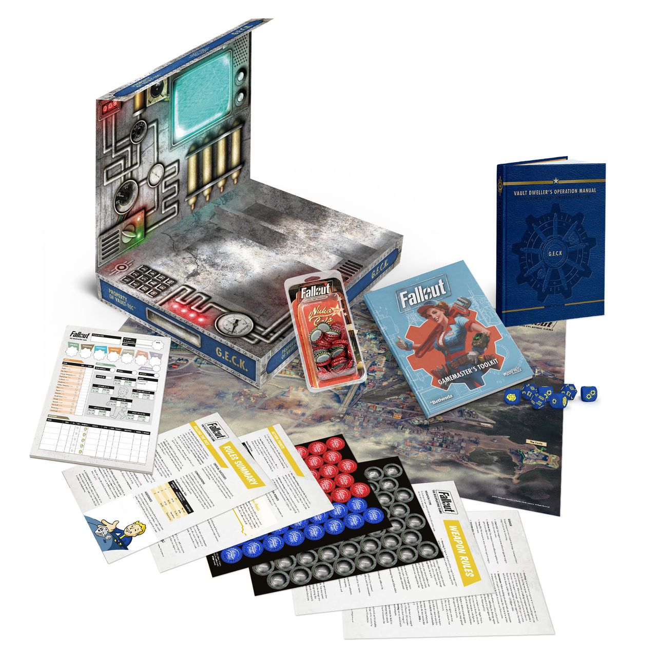 An image of the book and box for Fallout: The Roleplaying Game, a tabletop RPG based on the Fallout series.