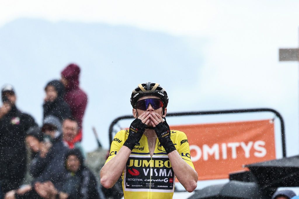 JumboVismas Danish rider Jonas Vingegaard celebrates as he crosses the finish line during the seventh stage of the 75th edition of the Criterium du Dauphine cycling race 148km between Port de Savoie to Col de la Croix de Fer Saint Sorlin France on June 10 2023 Photo by AnneChristine POUJOULAT AFP Photo by ANNECHRISTINE POUJOULATAFP via Getty Images