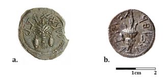 (A) A citron fruit next to a palm branch on a coin from A.D. 69-70, the period of the Great Revolt, when the Jews in Judea revolted against the Romans. (B) A citron on a coin from Simon bar Kokhba’s revolt, from A.D. 132 to 136.