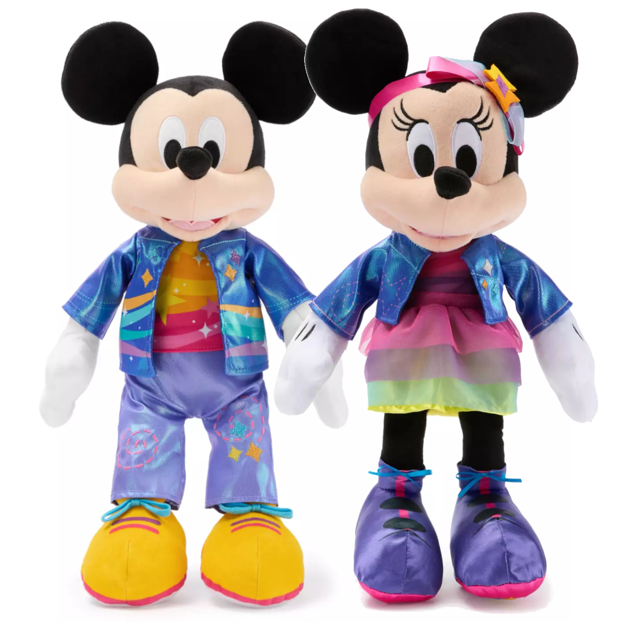 Disney Store Mickey and Minnie 70th anniversary plushies on a plain background