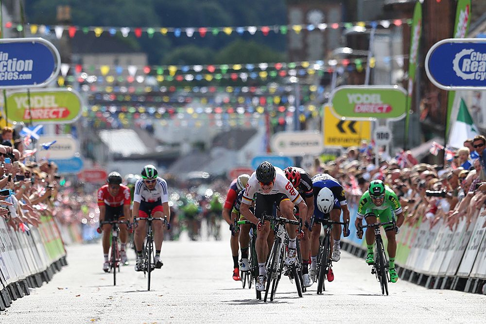 Andre Greipel (Lotto Soudal) heads for victory at Tour of Britain stage 1