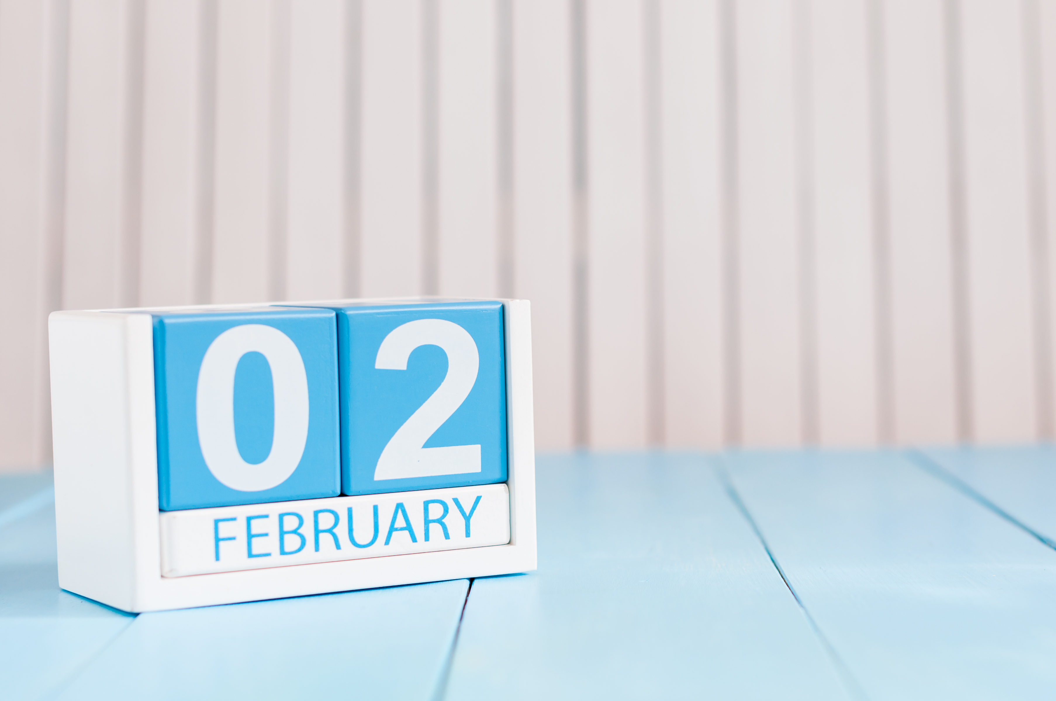 painted wood blocks that read "February 02" on a light blue table against a white background