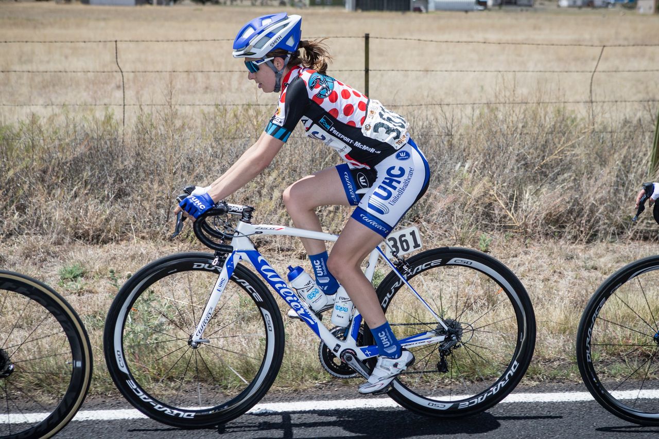 Katie Hall (UnitedHealthcare) shows off the climbers jersey during stage 2