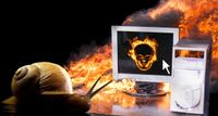 A snail moving toward a computer in flames
