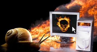 A snail moving toward a computer in flames