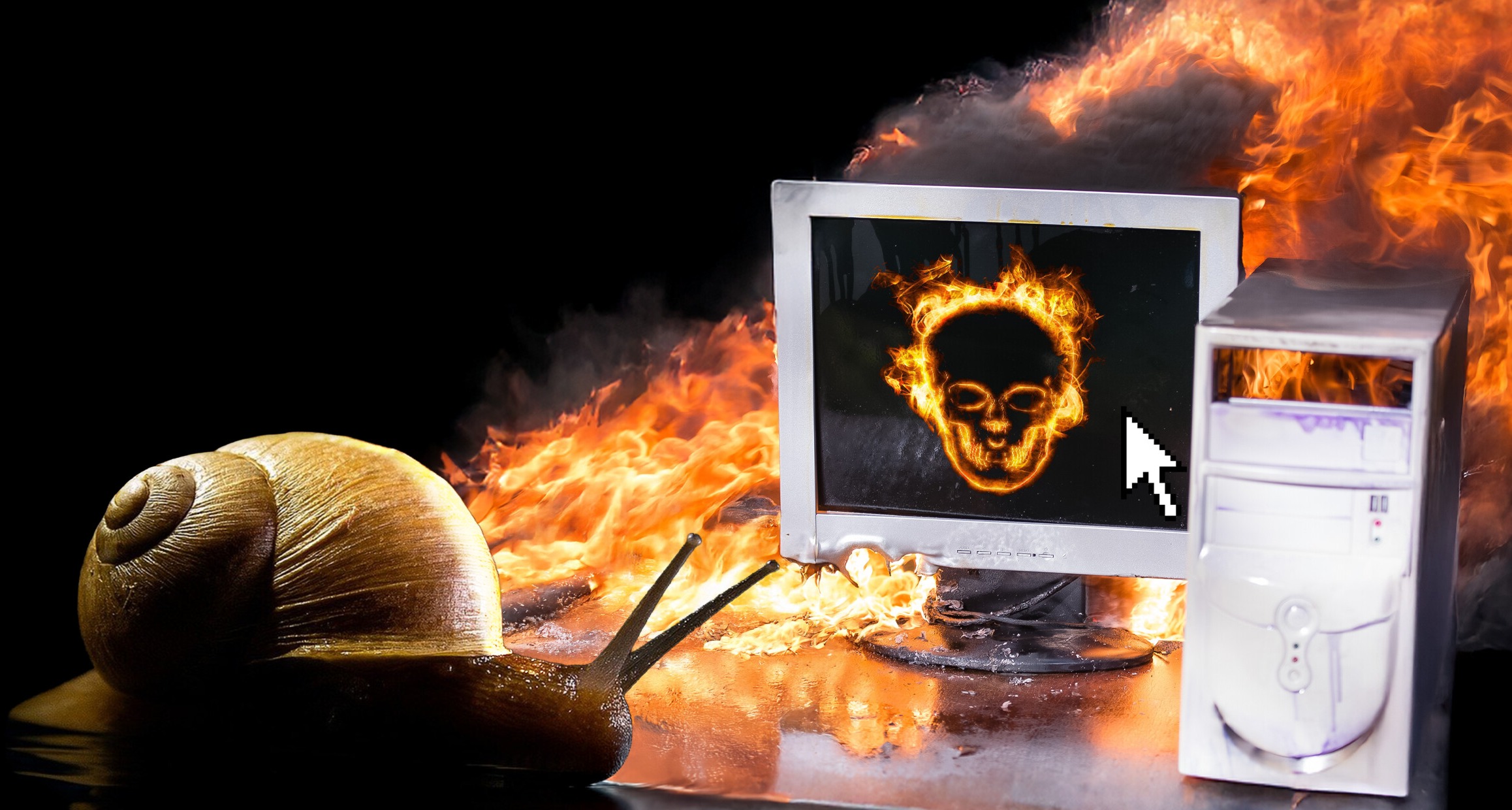 A snail moving toward a computer in flames