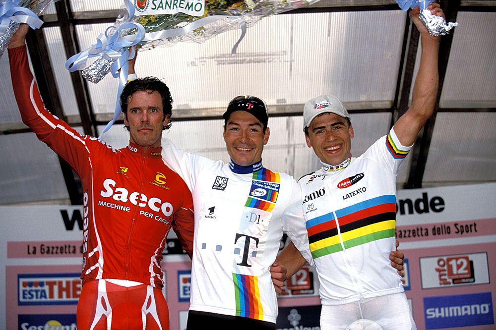 The 2001 podium in Milan-San Remo: Mario Cipollini, Erik Zabel and Romāns Vain&scaron;teins