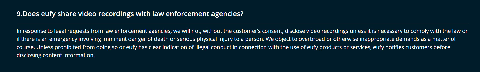 The removed statement on sharing footage with law enforcement on Eufy's privacy policy