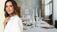 picture of chic minimalist tablescape with cut out of Victoria Beckham overtop