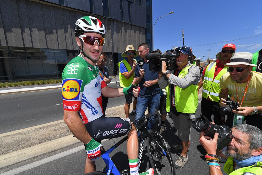 Elia Viviani looks calm, cool and collected after wining stage 1 at the Tour Down Under
