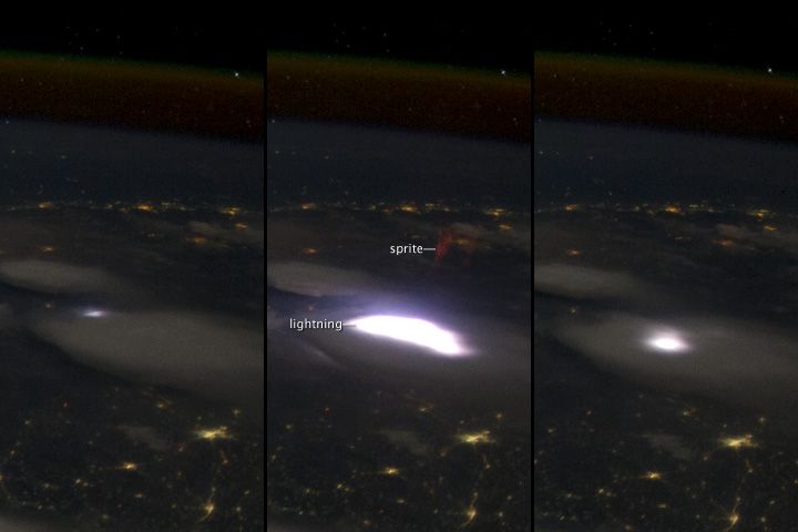 A red sprite, seen from the International Space Station