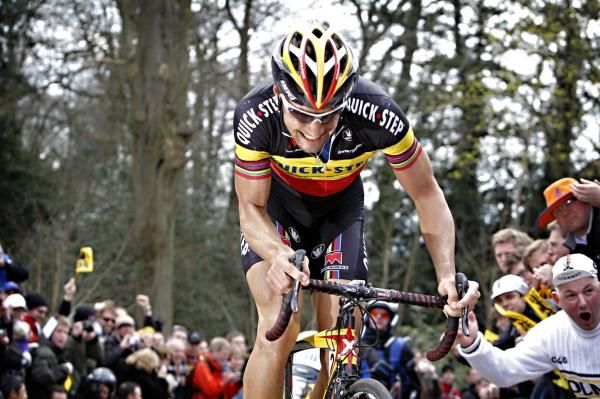 Tom Boonen (Quick Step) digs in on the Muur, but can do nothing to answer Fabian Cancellara at the Tour of Flanders