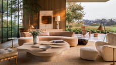 Pink-beige curved couch in large living room with corner opening doors