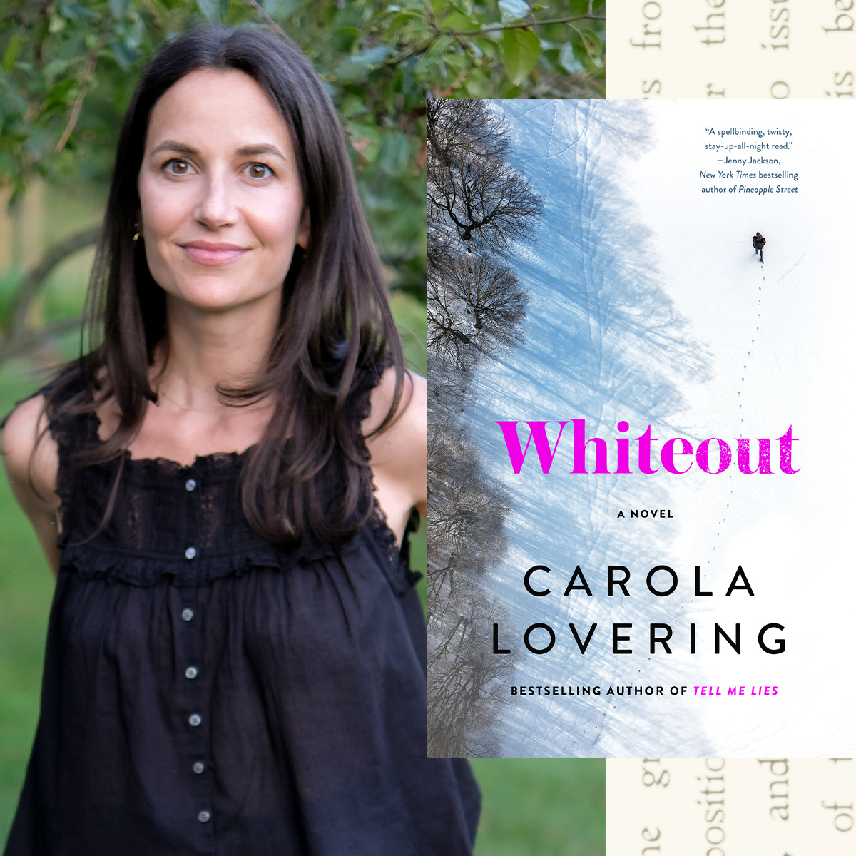 a split image of author carola lovering wearing a black blouse and posing outside in front of a tree opposite the cover of her thriller novel whiteout