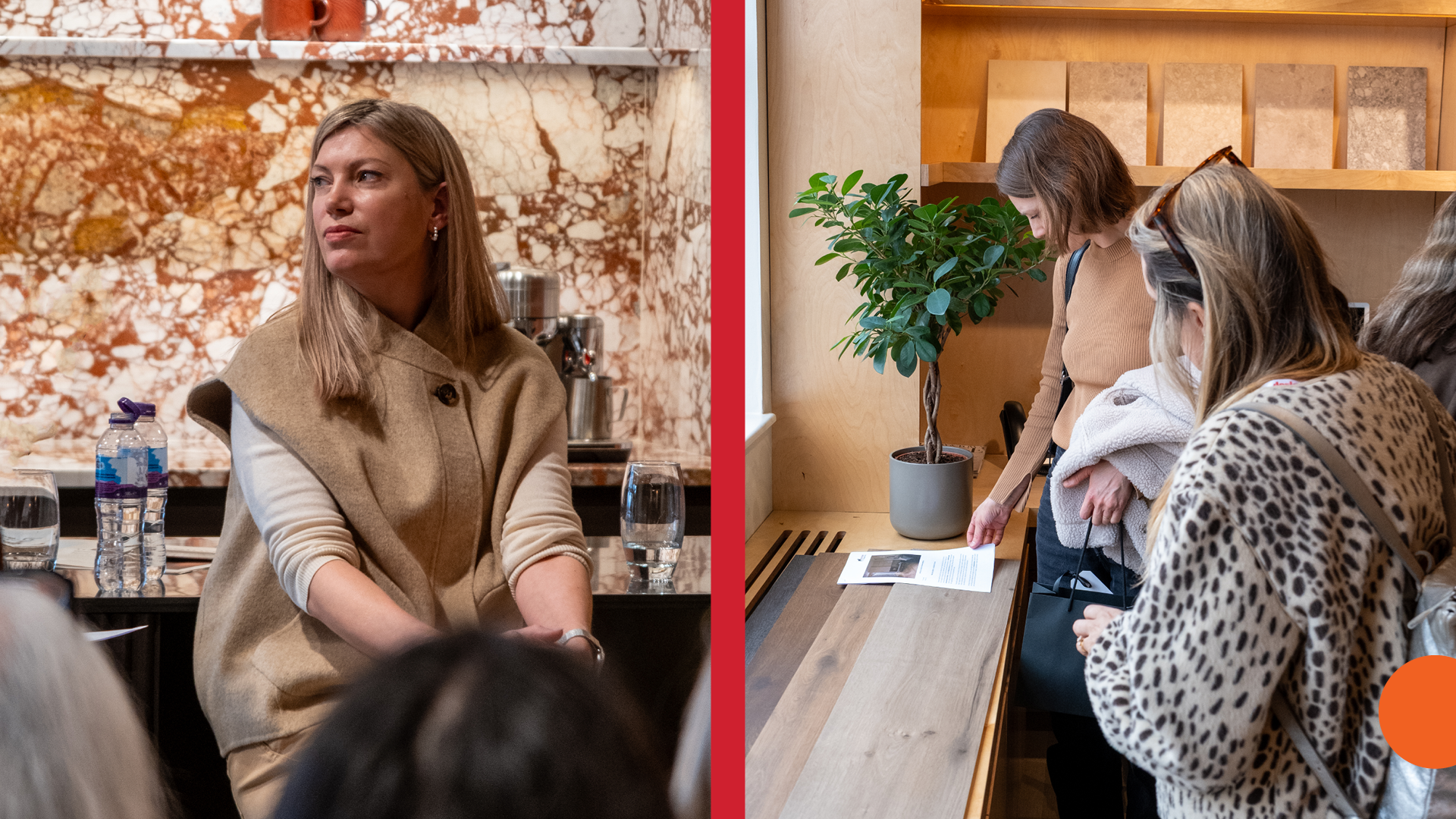 two shots next to each other. On the left, Portia Fox on a stool. On the right, a lady looks at finishes