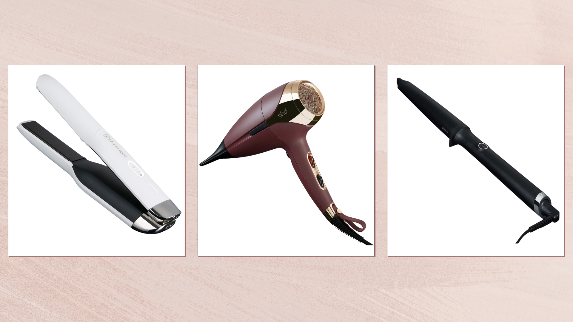 Collage of ghd tools on a light pink background (L-R) ghd Unplugged Straighteners, ghd Helios Hair Dryer and ghd Curve Creative Curl Wand