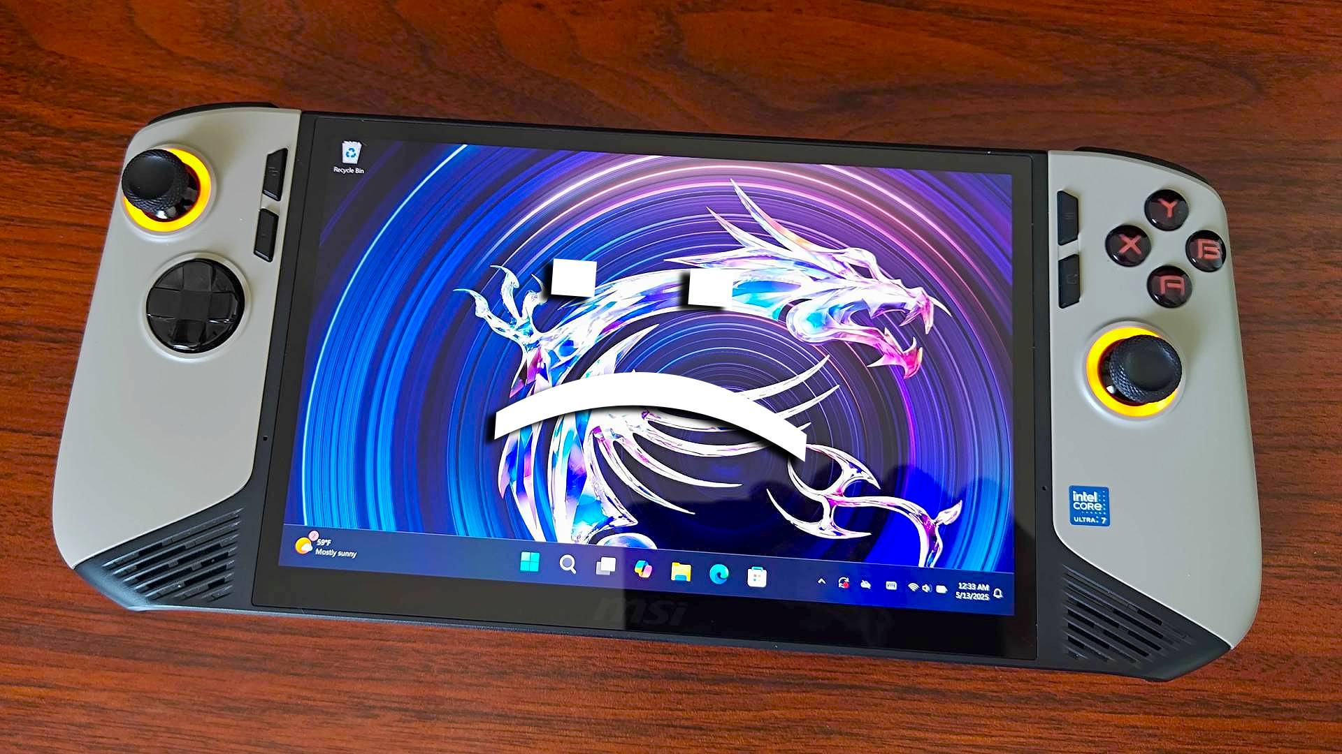 MSI Claw 8 AI+ handheld with Windows 11 desktop on screen and sad text face on top.