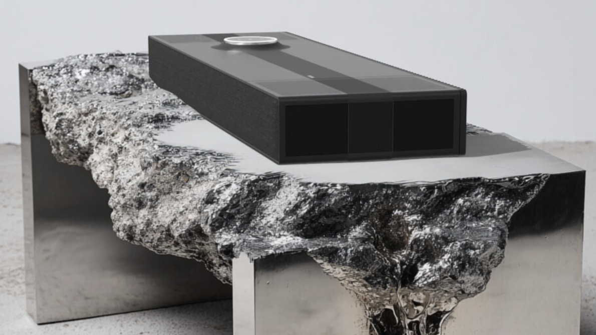 Focal Mu-so Hekla all-in-one speaker system in black on a table made from rock
