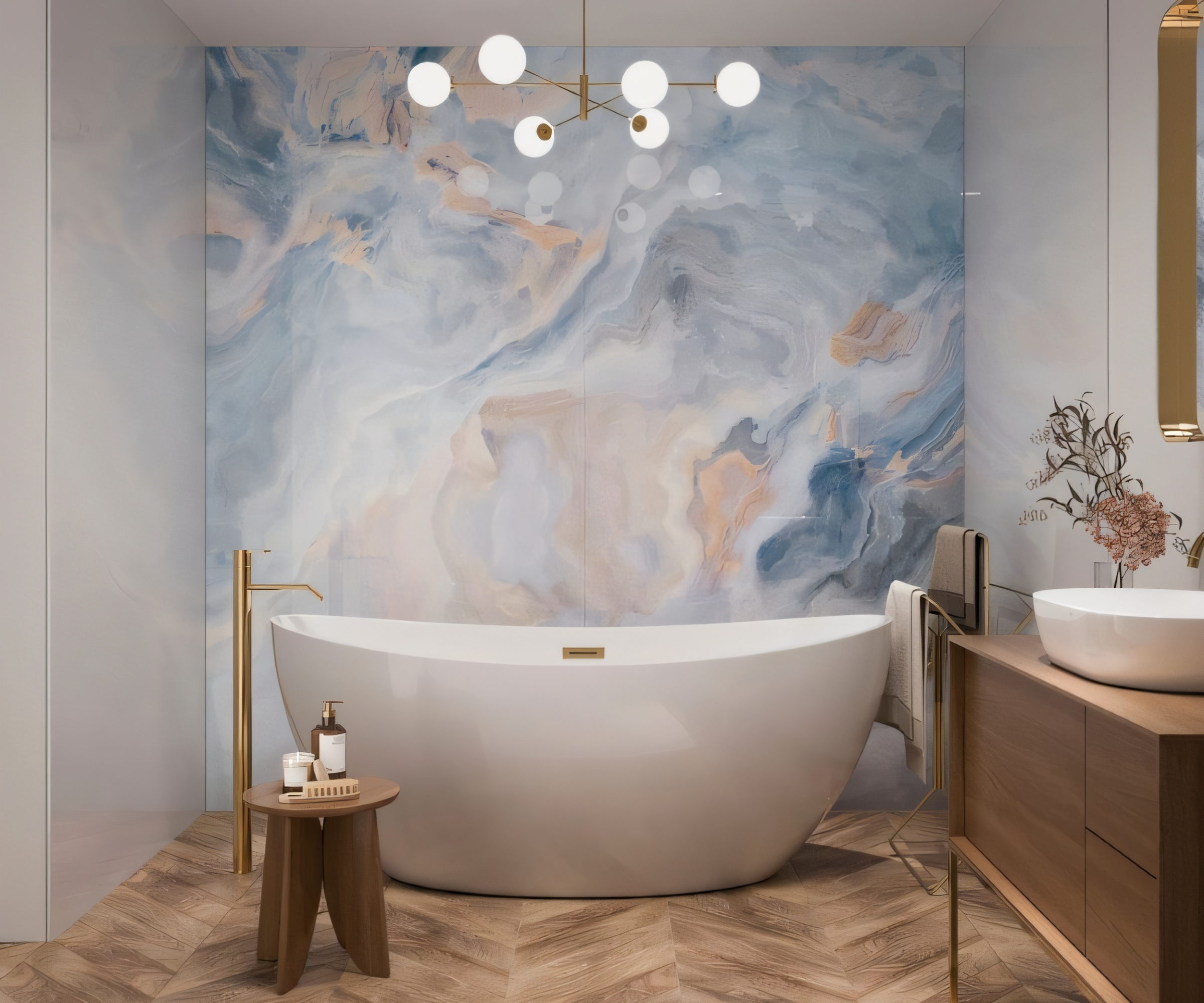 bathroom with blue and white marble wall panel, white wall panels, herringbone floor and woode vanity unit