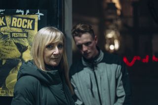 Before We Die: DI Hannah Laing (Lesley Sharp) and her son Christian (Patrick Gibson) standing outside a nightclub, he is glowering at her