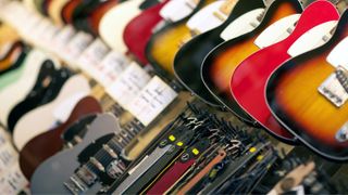 Guitars hanging in a music store
