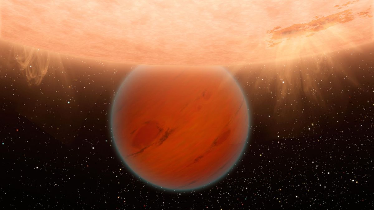 An artist&#039;s illustration of a hot, Neptune-size alien planet.