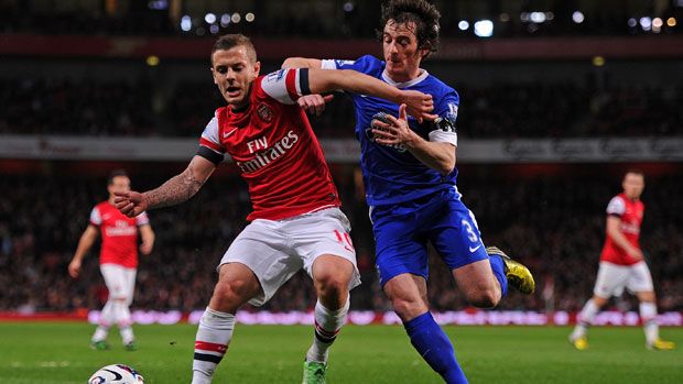 Jack Wilshere and Leighton Baines go shoulder-to-shoulder at the Emirates