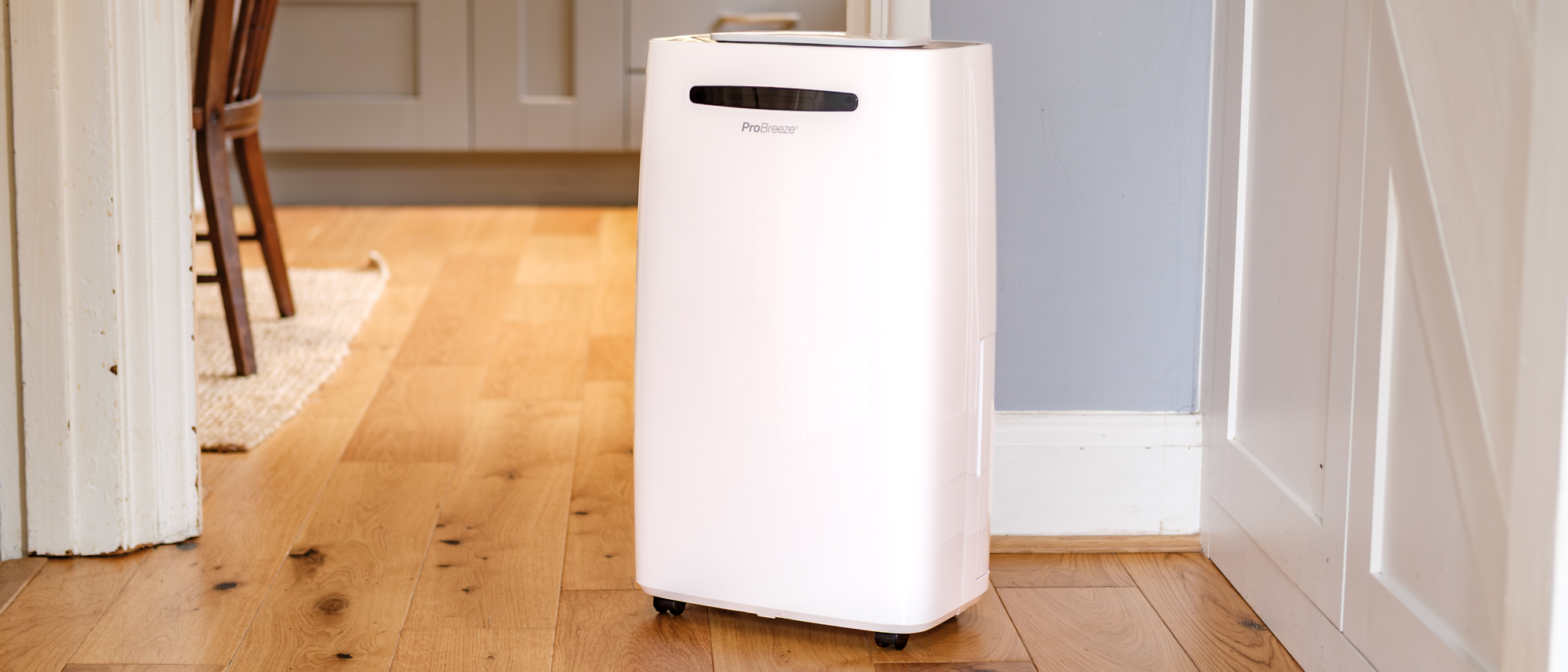 The Pro Breeze 50-pint Dehumidifier on a hard wood floor in a home environment