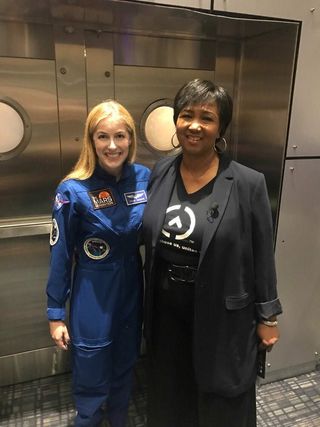Abigail Harrison, also known as Astronaut Abby, is pictured here (left) with retired astronaut Mae Jemison (right) at the Intrepid Sea, Air & Space Museum on Sept. 22, 2018.