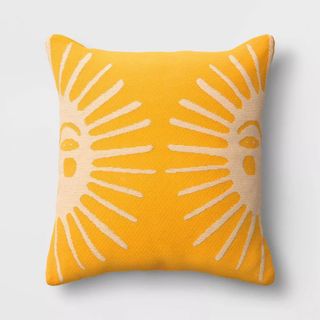 Yellow sunshine motif outdoor throw pillow