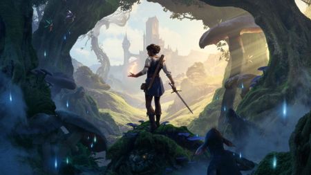 Fable 4 key art cropped without logo featuring protagonist in middle ahead of castle with sword and magic