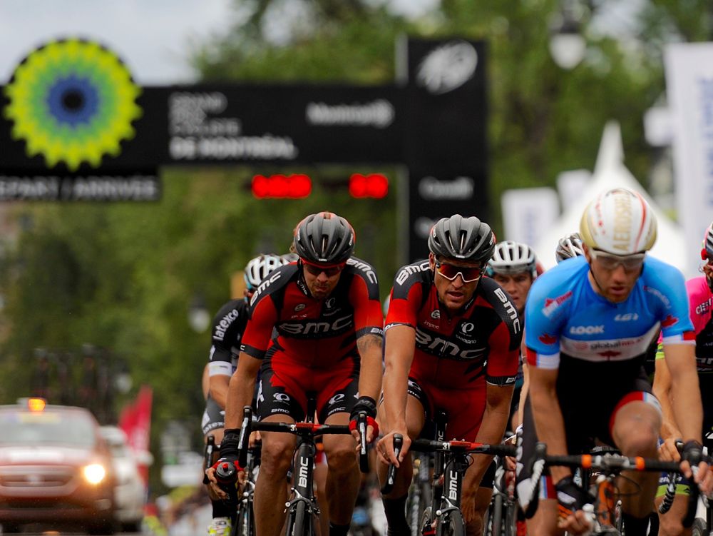 Michael Woods (Canada) and Greg Van Avermaet (BMC) in the main field at the Grand Prix Cycliste de Montreal